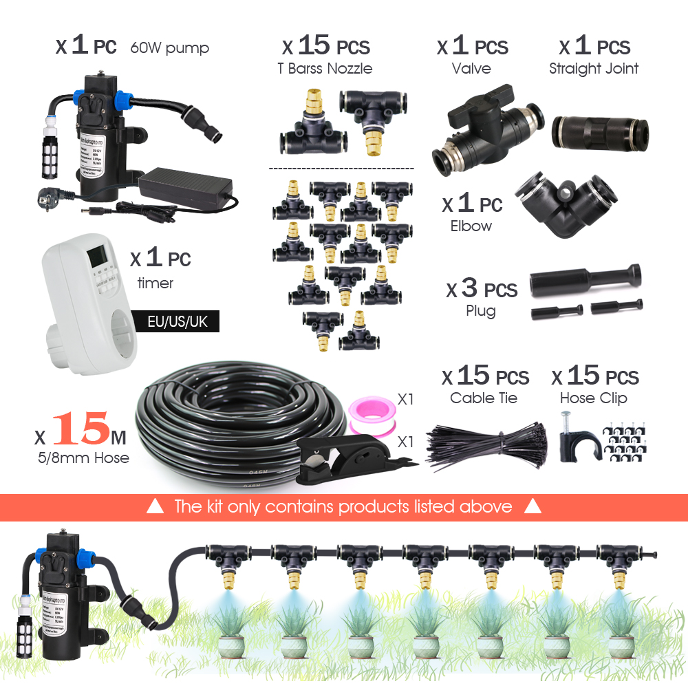 Garden DIY 8mm PE Hose Brass Nozzle Sprayer System Mist Sprinkler 45/60/80/100W Self-Priming Pump Automatic Atomized Irrigation