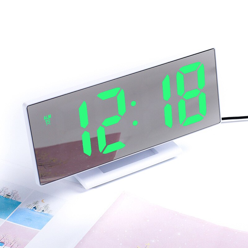 LED Digital Alarm Clock Mirror Electronic Clocks Multifunction Large LCD Display Digital Table Clock with Temperature Calendar: White Green