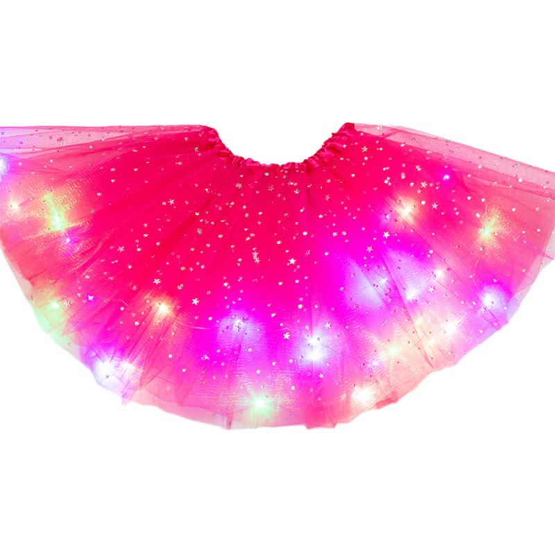 Falda con lentejuelas y estrellas brillantes para niñas, tutú de baile y Ballet con luces LED, Vestido corto de tul en capas de colores neón para escenario y: Rose Red