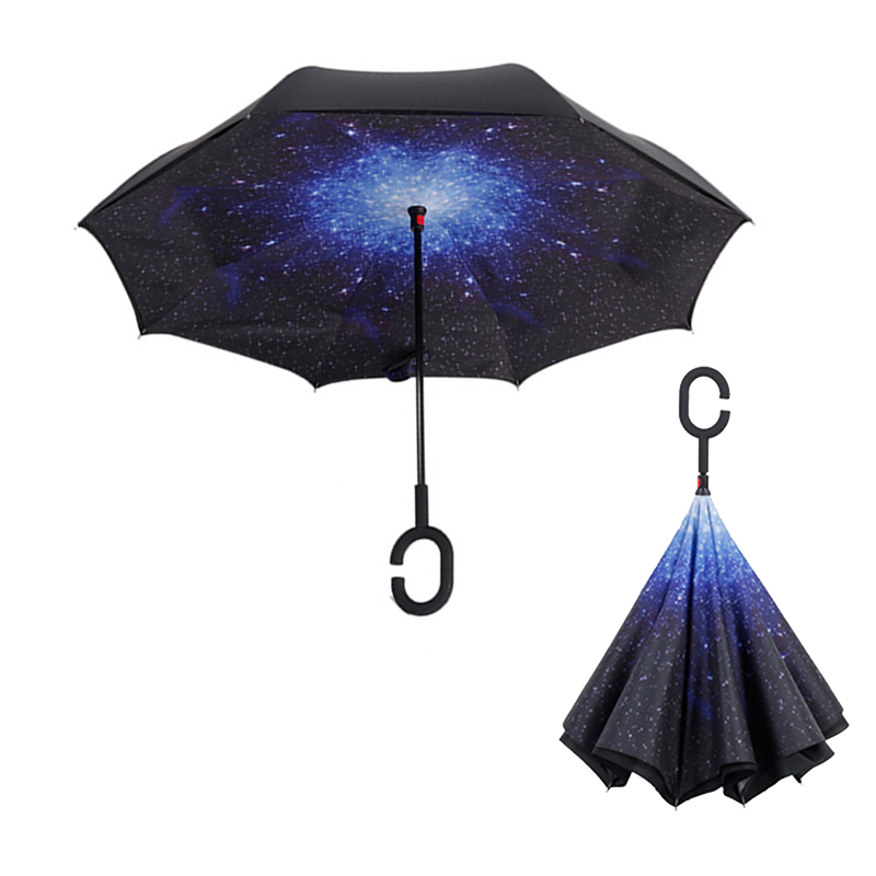 Paraguas plegable inverso resistente al viento, paraguas para hombre y mujer para lluvia y sol, paraguas con mango en C invertido, soporte autónomo para Anti UV de doble capa