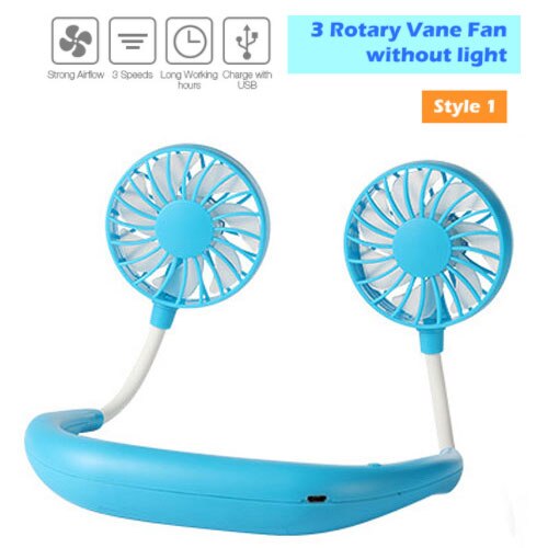 Ventilateur portable usb, ventilateur froid, mains libres, ventilateur de cou suspendu, mini ventilateur de sport rechargeable, 3- vitesses réglables, double ventilateur de cou pour la maison et le bureau: 1rd bleus
