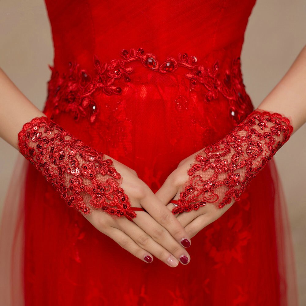 Vintage Rode Handschoenen Pailletten Lace Bridal Handschoenen Guantes De Novia Bruid Handschoenen Voor Bruiloft