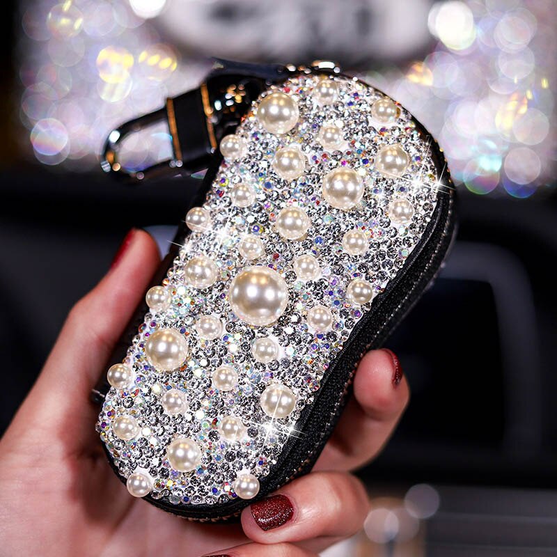 Luksus perler bil vævskasse krystal diamant blok type vævskasser holder til kvinder papirhåndklæde dækning sag bil styling: Sort nøgletaske