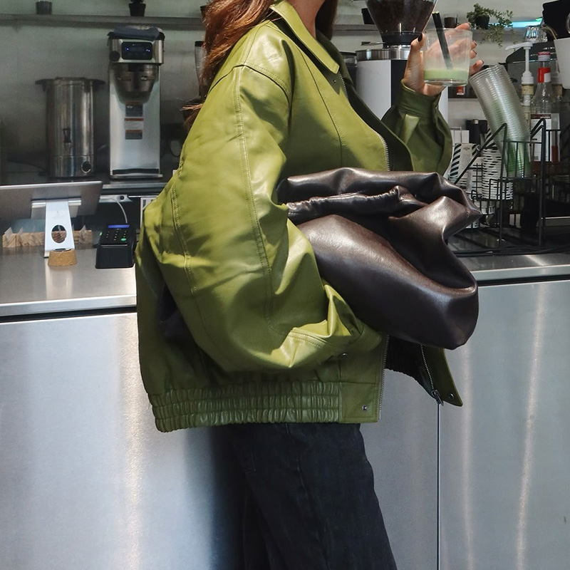 Groene mode oversized rits dames leren jas elegante kraag lange mouw casual jas dame chique losse streetwear: M