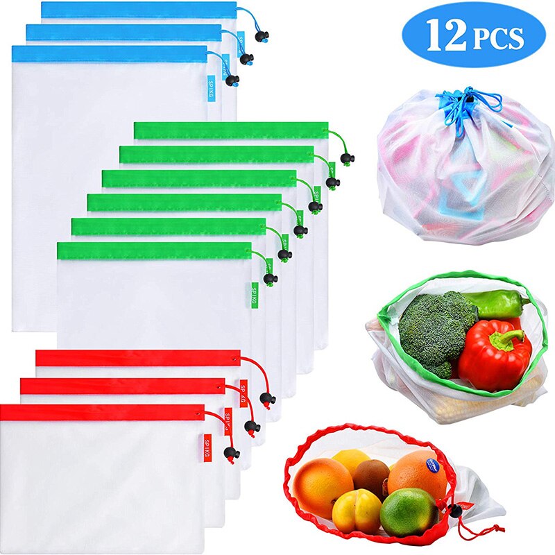 12Pack Herbruikbare Mesh Produceren Bags Wasbare Eco Vriendelijke Lichtgewicht Tassen Voor Boodschappen Opslag Fruit Groente Netto Zak