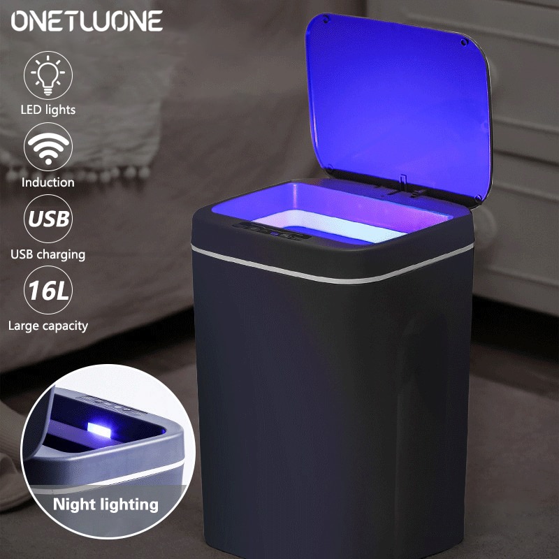 16L Smart Sensor Trash Can Trash Can With LED lighting and USB Charging Touchless Intelligent Household Automatic Garbage Bin