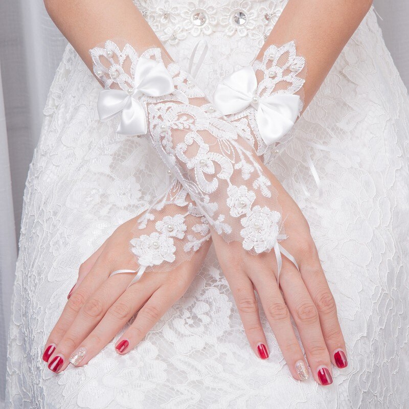 Guantes largos elegantes sin dedos para boda tul transparente perlas cristales Apliques de encaje guantes de mujer para novia