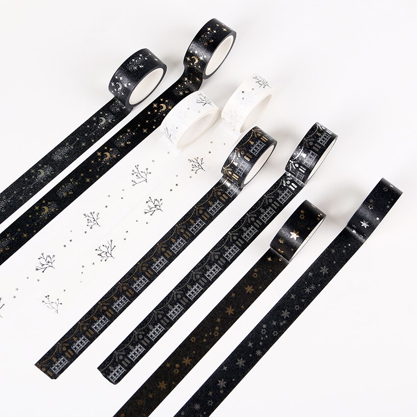 5m gør-det-selv minimalistisk sort hvid tekstureret papir washi tape sølv lille frisk blomster tape dekorativ selvklæbende tape klistermærke tape
