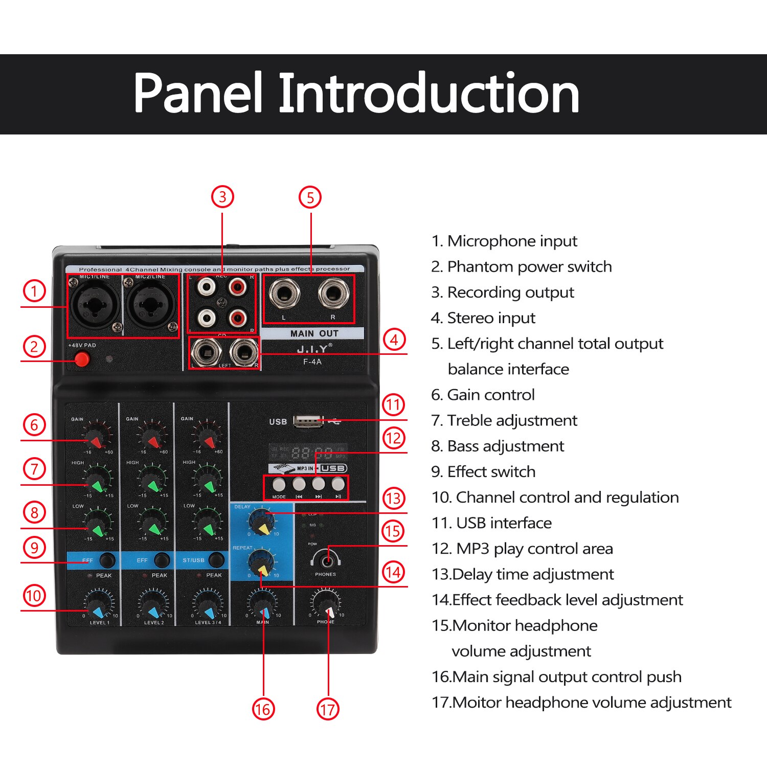 BT 4 Channel Sound Mixing Console and Monitor Paths Plus Effects Processor with USB
