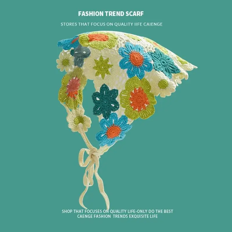 Korean Sweet Cute Handmade Crochet Hollow Triangle Headband Towel Women Spring and Summer Travel Literary Photo Hair Scarf: black