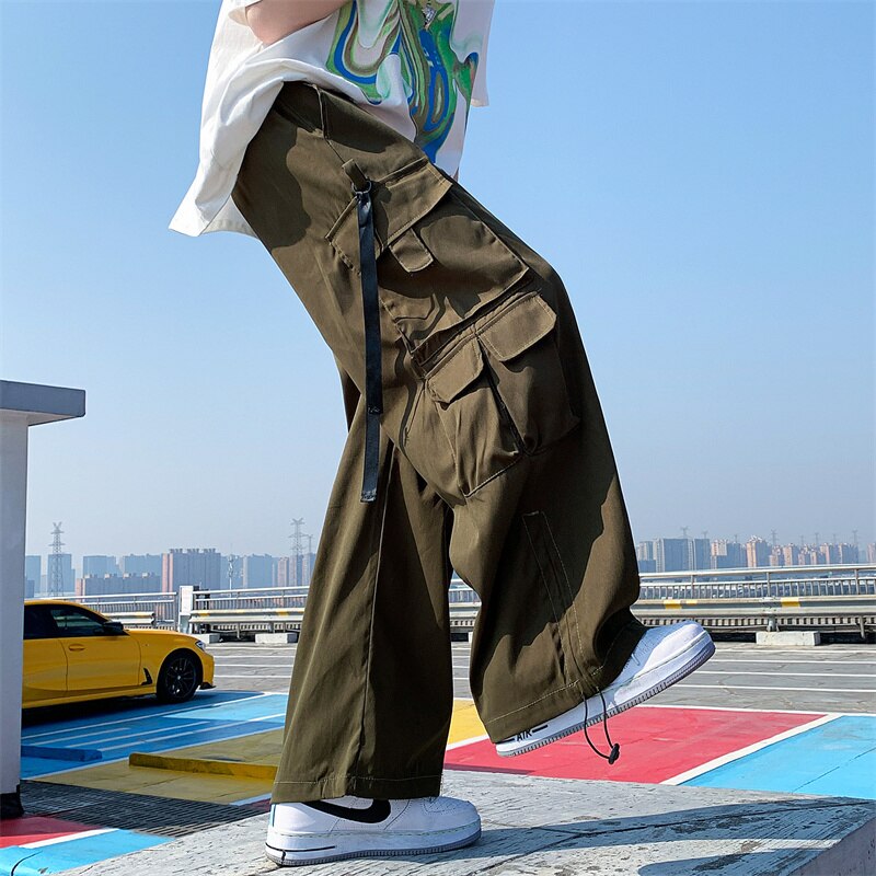 Frühling Grün Schwarz Breite Bein Hosen Männer Tasche Ladung Hosen Männer Streetwear Koreanische verlieren Gerade Hosen Herren Hosen S-2XL