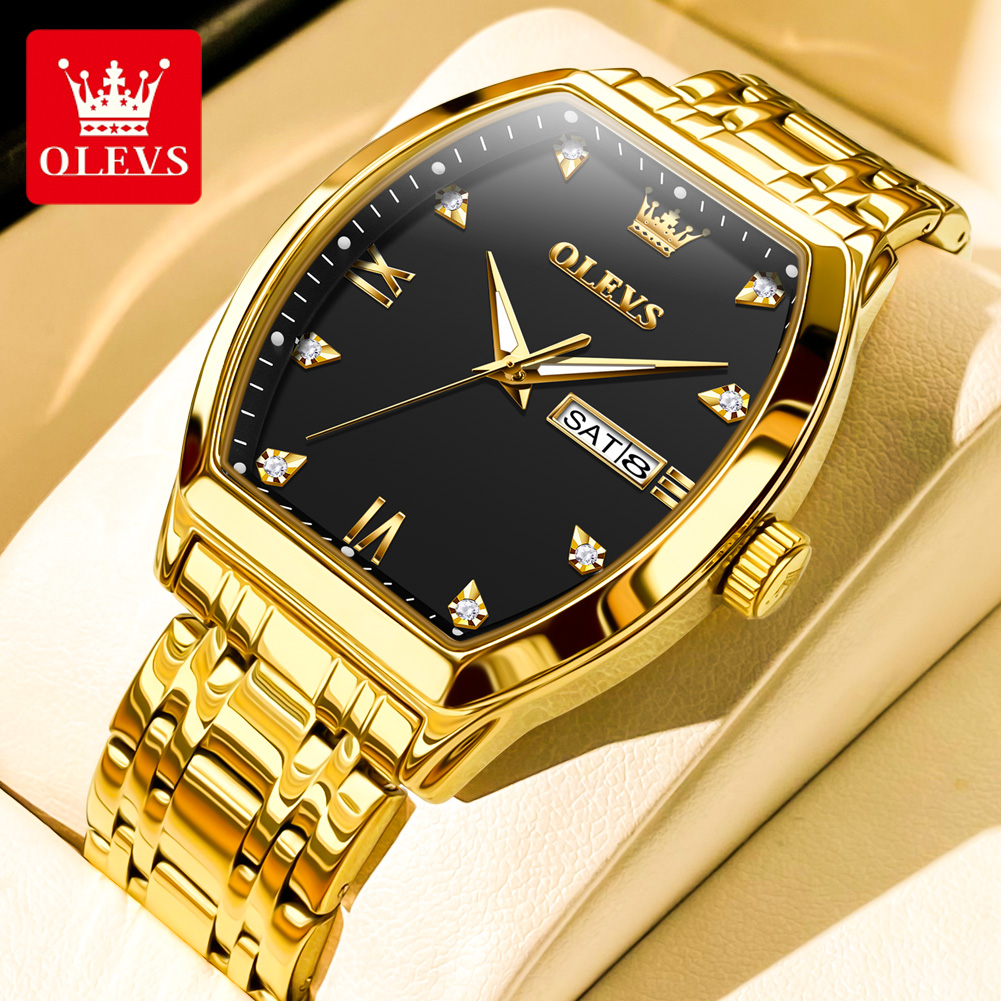 OLEVS herenhorloges luxe Tonneau origineel topmerk quartz horloge voor heren waterdicht lichtgevend weekdatum mannelijk polshorloge