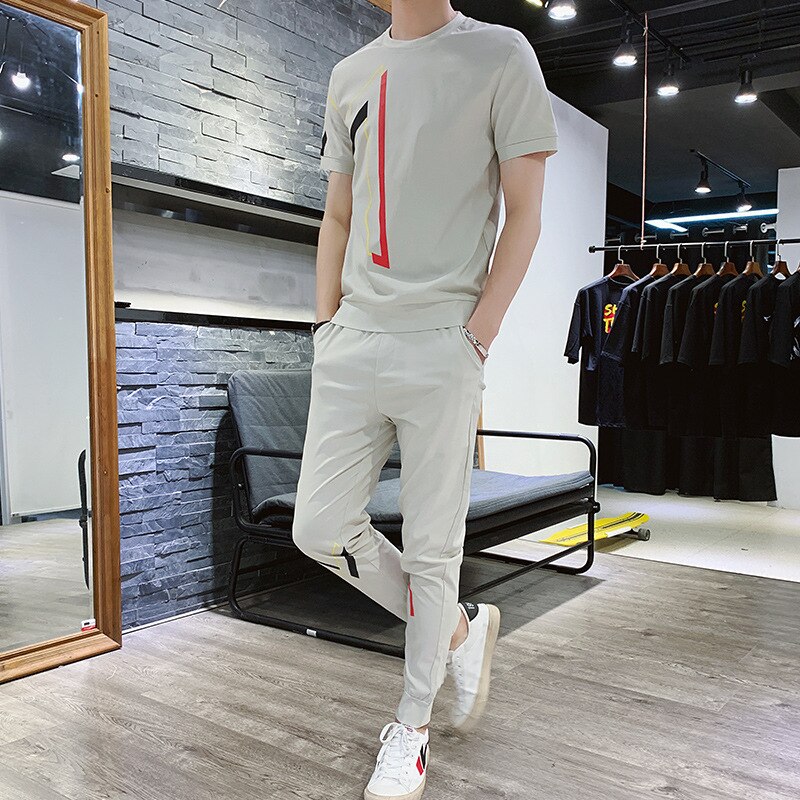 Zomer Best Verkopende Producten Mannen Casual Sport Pak Jeugd Casual Printing Korte Mouwen T-shirt Broek trendy Pak: Creamy-white / Xxl