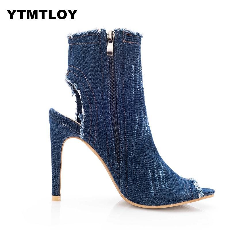 Peep toe gladiator skor kvinnor pumps denim höga klackar cutout stilett zip tunn party blå super zapatos mujer dam skor