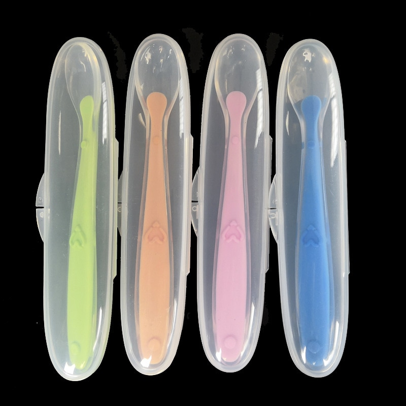 1Pcs Non-slip Baby Spoon+Storage Box Multicolor Baby Training Spoon Baby Feeding Tableware Liquid Silicone Spoon Box