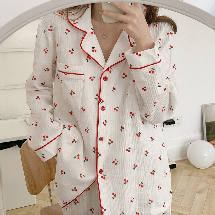 women cotton long sleeve pajamase set cherry home clothes lapel collar pocket shirts pants 2 piece set sleepwear home set Y112: red