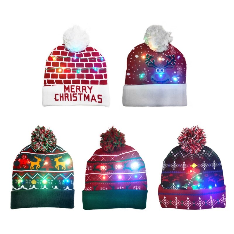 LED Light Up Knitted Christmas Beanie Hat Reindeer Tree Party Flashing Skull Cap X7YA