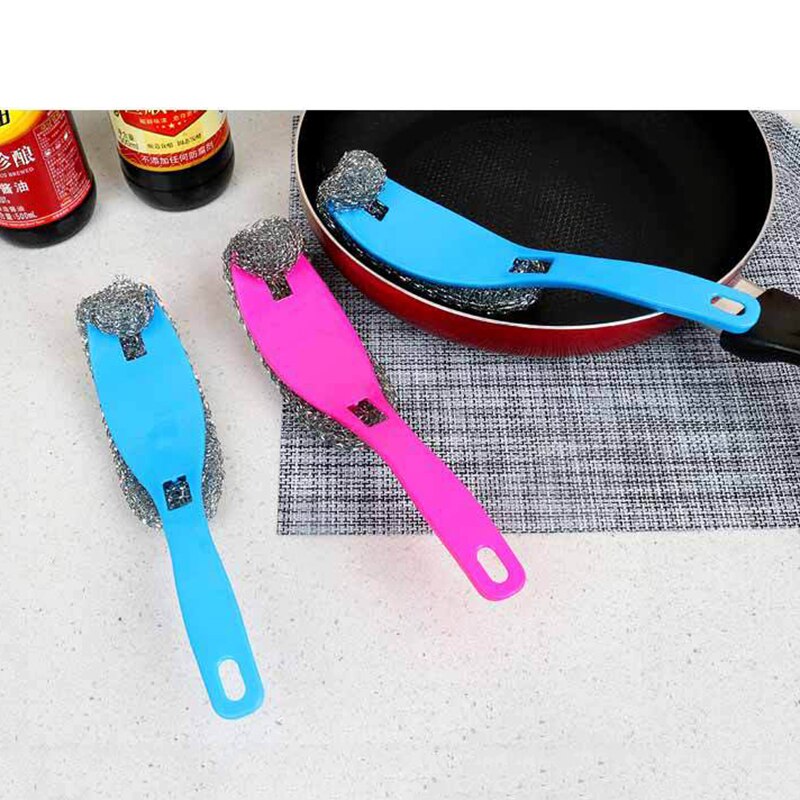 1 PC Stainless Steel Wire Dish Scourer Cleaning Ball Pan Pot Long Handle Brushes Scrubber Kitchen Pot Washing Tool: rectangle