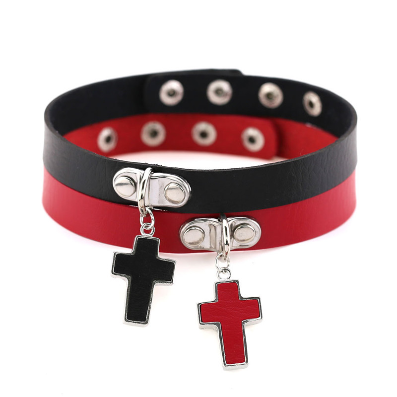 Black Goth choker necklace for women punk leather choker with cross statement pu chocker Collar jewelry Street dance