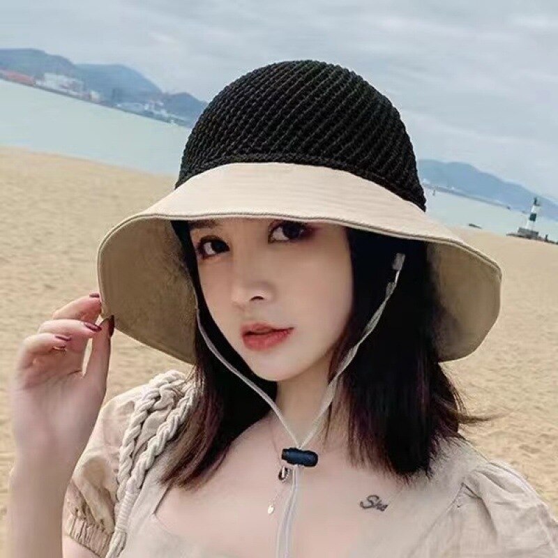 Strand Anti-Uv Visser Hoed Boog Opvouwbare Wide Brim Floppy Meisjes Strooien Hoed Vrouwen Zomer Hoed Uv Beschermen Reizen Cap Lady cap: Beige