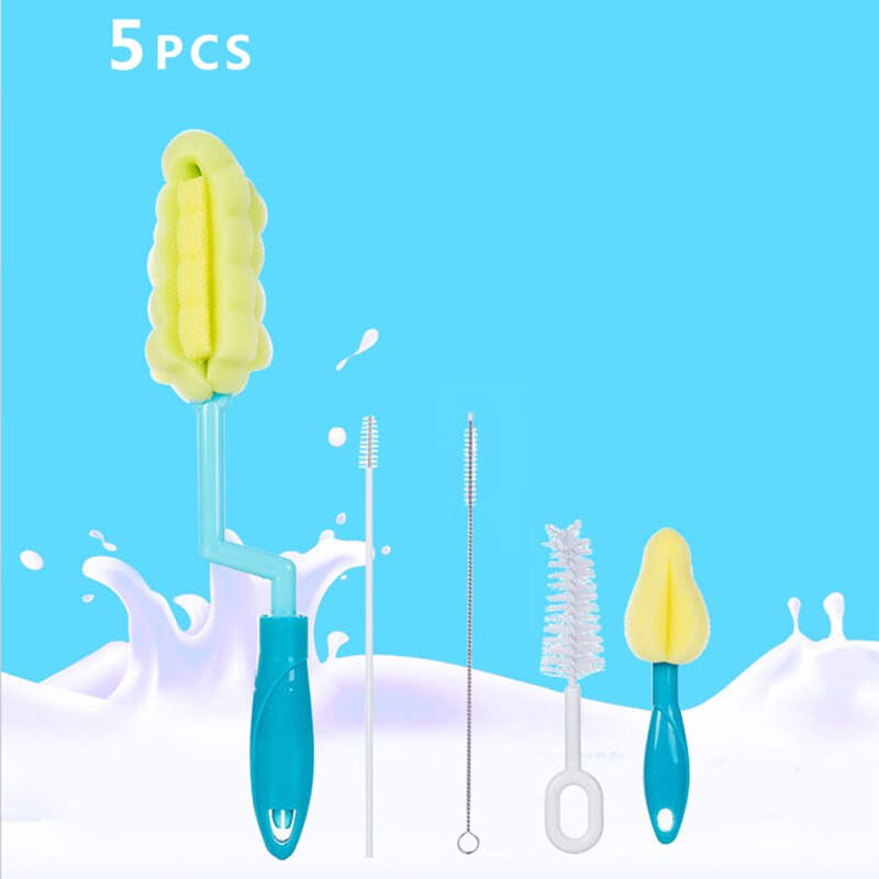2 Sets Baby Fles Borstel 5Pcs Tepel Borstel 360 Graden Draaibare Spons Glas Speciale Borstels Fles Schoonmaken Accessoires