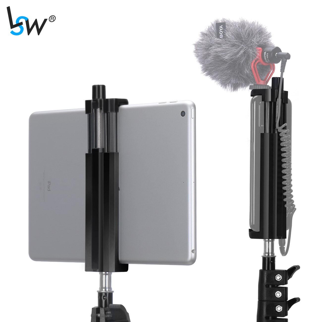 Universal Tablet Holder Tripod Mount Clamp Adapter Compatible with Phone/iPad Pro/Air/ Mini with Cold Shoe For Microphone