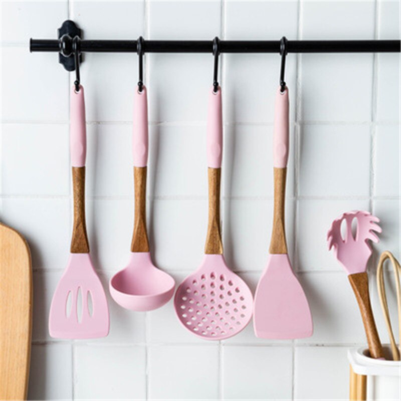 Ensemble d'ustensiles de cuisine en Silicone de supérieure, rose, avec boîte de rangement, pince tournante, spatule, cuillère à soupe, 1/6 pièces