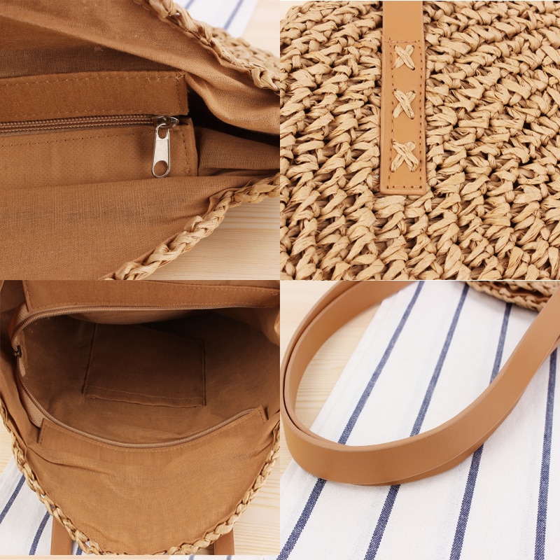 JULY'S SONG Straw Bag Women Shoulder Beach Bag Round Rattan Straw Handmade Big Capacity Cutout Crossbody Bag