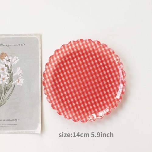 Plateau à Dessert en plastique, plat à gâteau en acrylique, motif de grille, assiettes florales, décoratives, fête de mariage, anniversaire, assiette à fruits cuillère fourchette: Red plate