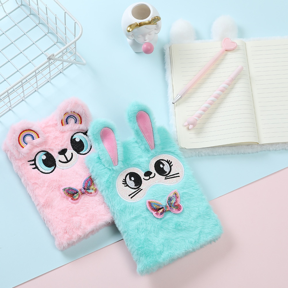 Cute Fur Rabbit Notebook For Kids A5 Diary Notepad Plush Agenda Planner Children Line Daily Note Book School Shetchbook