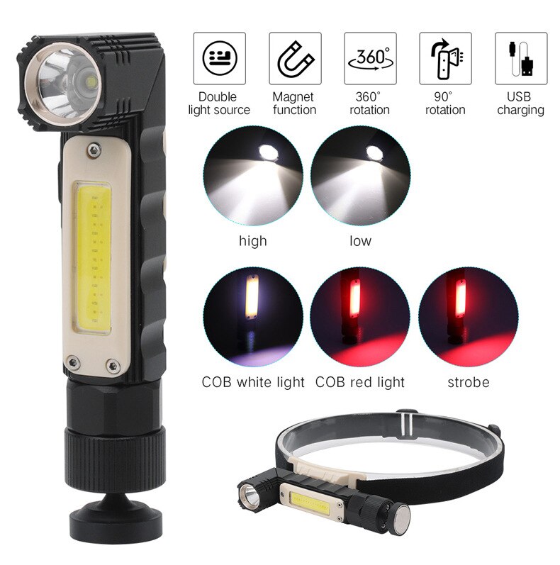 LED+COB Red and White Light 360° Adjustable USB Charging Rotating Belt Magnetic Inspection Outdoor Strong Light Flashlight