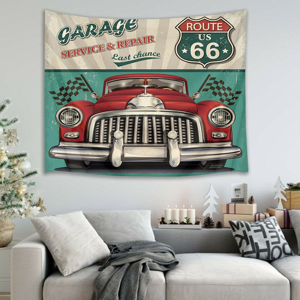 Route Us 66 Garage Rode Auto Tapijt Muur Opknoping Woonkamer Slaapkamer Dorm Decor