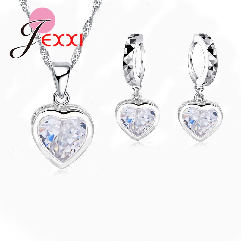 Sieraden Hart Shiny Cubic Zirkoon Set 925 Sterling Zilver Cz Ketting + Dangle/Oorringen Sets