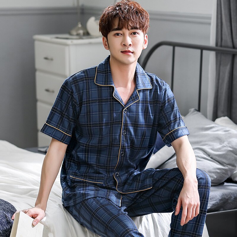 Hel bomulls pijamas för män 2 delar lounge nattkläder pyjamas rutig sommar sänglinne hem kläder man pjs big yards pyjamas set: Lm1285 / Xxl