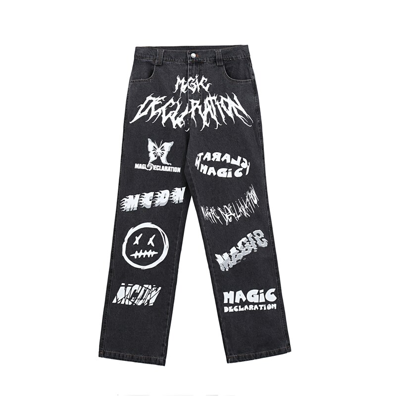 Spring Men's Clothes Graffiti Jeans Harajuku Hip hop Baggy Jeans Streetwear Black Goth trousers Y810: Black / M