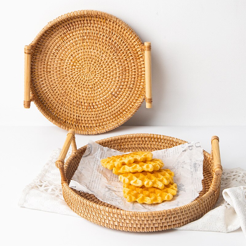 Dessert tray Breakfast plate Handmade Rattan Portable Tray Bread Fruit Snack Picnic Basket Home Table Decoration cup table mat