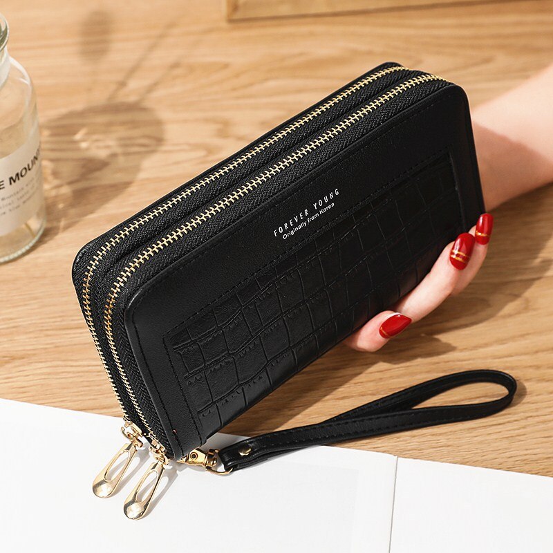 Ladies Wallet Long Zipper Korean Student Stone Pattern Purse Large Capacity Clutch Soft wallet Mobile Phone Bag Red Card: Double zipper black