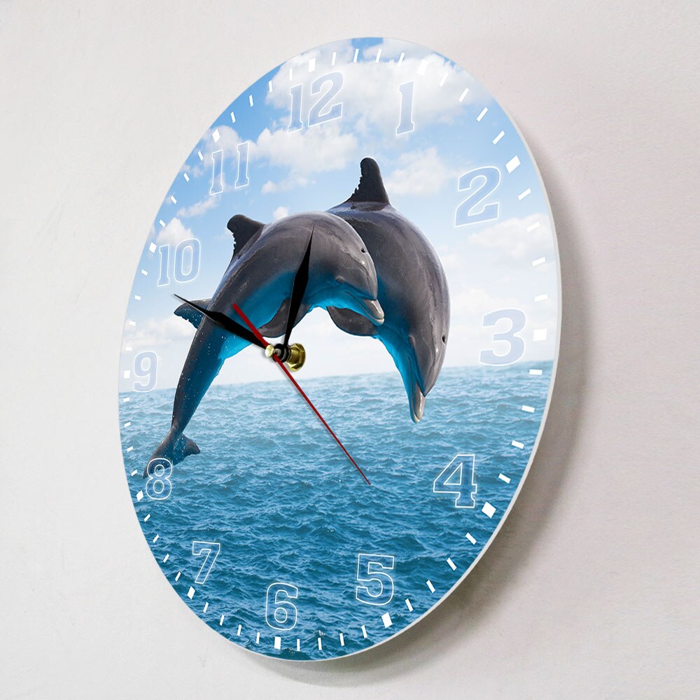 Reloj de pared azul marino con dos delfines que saltan aguas profundas del océano con movimiento silencioso poroso Reloj de pared mar arte en la pared con animales