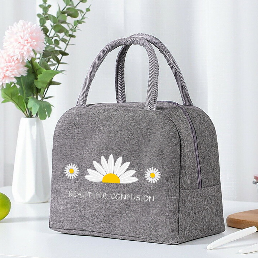 Thermal Food Picnic Lunch Box Insulated School Child Food Bag Tote Lunch Bags for Work Daisy Pattern Cooler Bag for Women: black