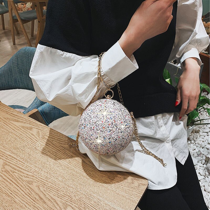 Women Evening Day Clutch Colorful Crystal Diamonds Round Ball Shaped Clutches Lady Handbag Wedding Purse Chain Shoulder Bag