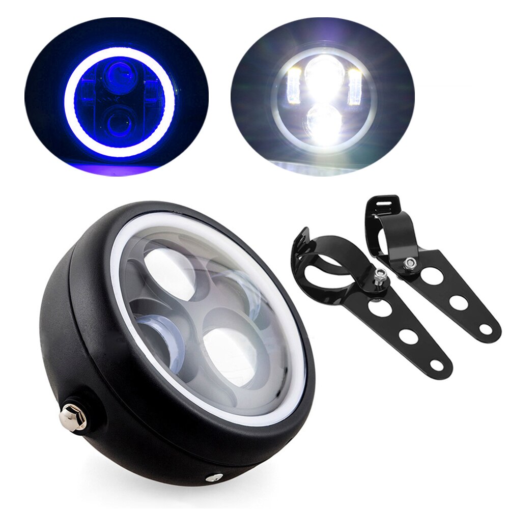 6.5 Inch Ronde Motorcycle Cafe Racer Koplamp Ronde Kop Lamp Moto Led Voor Yamaha Road Star Hornet 250 Xvs 1100 bobber Chopper: Blue and Bracket