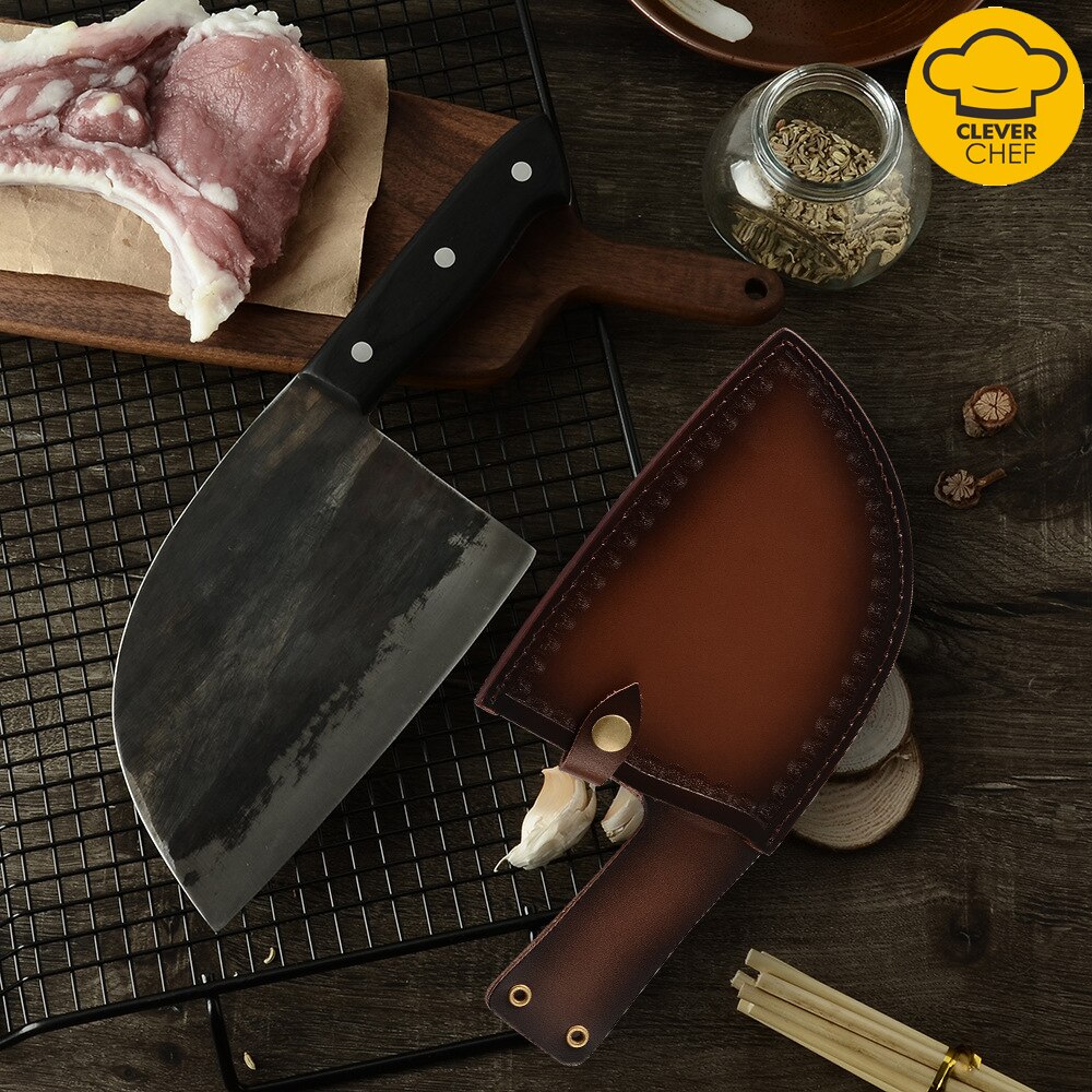 Stainless Steel Hand Forged Butcher Knife with Leather Case Kitchen Knives Tools Chef Knives Bone Cutter Slicing