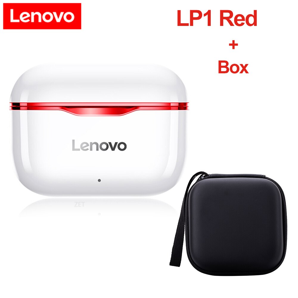 Lenovo LP1 TWS Earphone Bluetooth 5.0 Wireless Headset Waterproof Sport Earbud Noise Cancelling Mic Dual Stereo HIFI Bass Touch: Red add Box