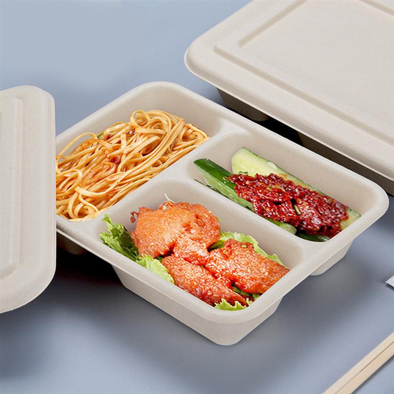 5PCS 800ML Three-Grid Food Containers Disposable Pulp Lunch Box Biodegradable Takeout Box Eco-Friendly Doggy Boxes With Lid