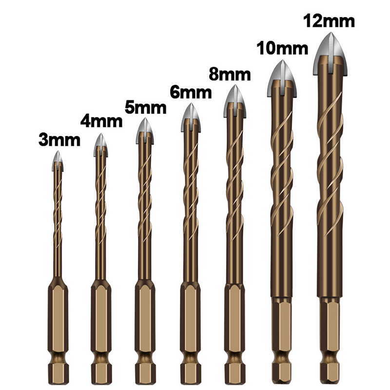 1Pc Hex Shank Spiral Groove Cross Alloy Four-edged Drill Bit Glass Ceramic Concrete Hole Opener 3/4/5/6/8/10/12MM
