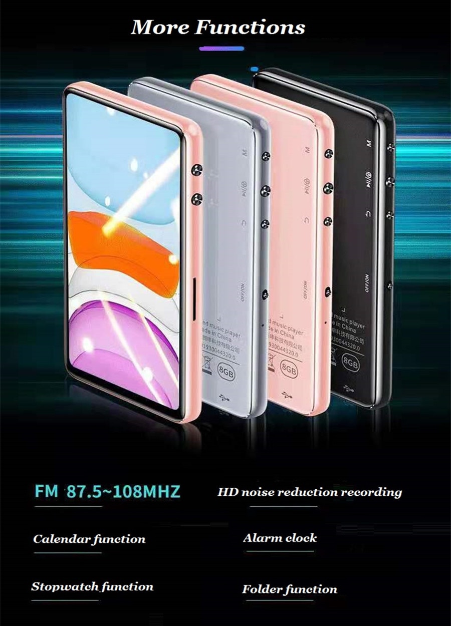 HIFI Metal MP4 Player 8GB FM Radio Bluetooth 5.0 Full Touch Screen With Speaker MP4 Recorder E-book MP5 Music Video Player