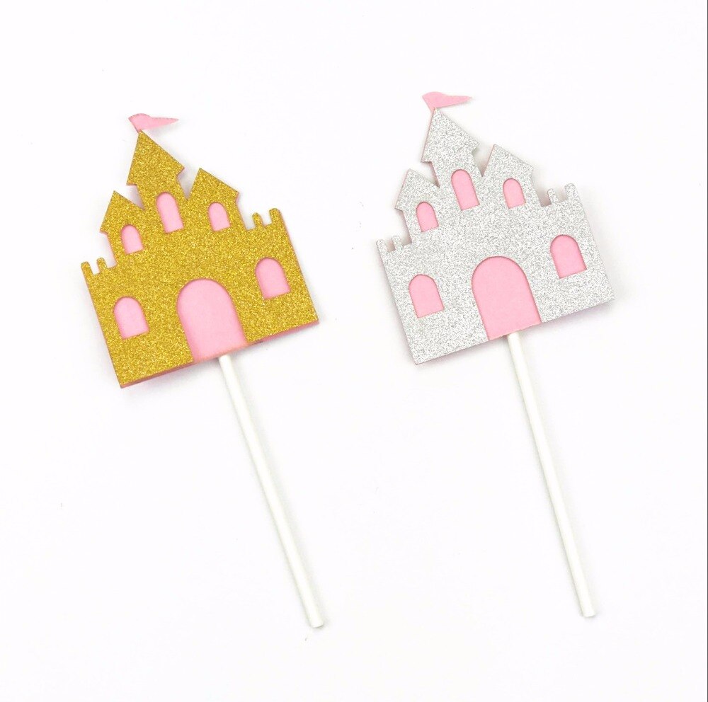 12 stks Prinses Kasteel Glitter Cupcake Topper Verjaardagstaart Decoratie Vlag Meisje Prinses Kasteel Fantasy Cupcake Topper
