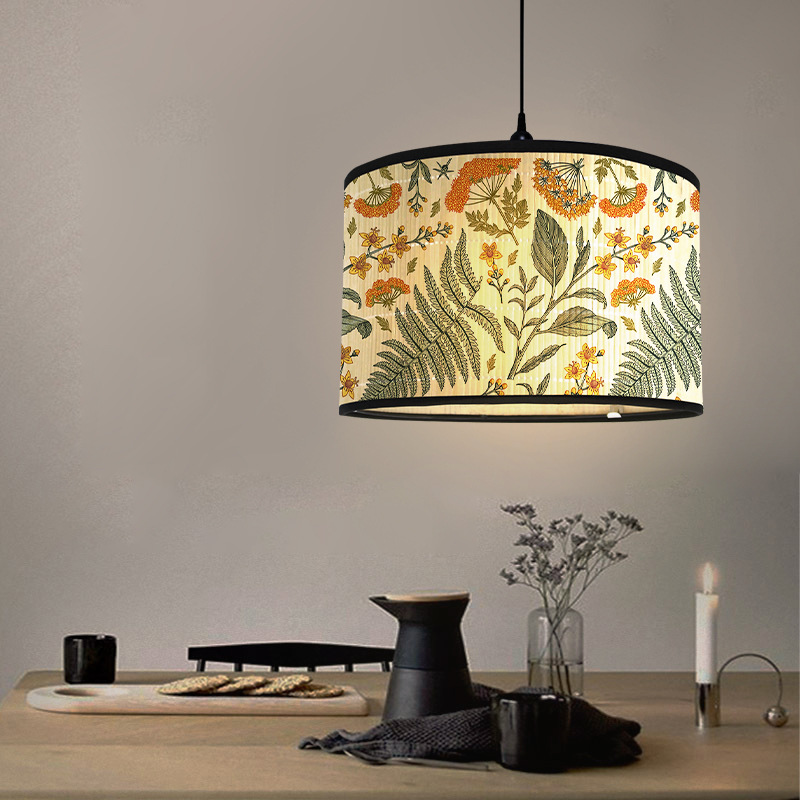 Abat-jour à motif de plante verte de Style nordique, abat-jour d'art en bambou, lustre de café, décor de salle d'accueil rétro, couvercle de lampe suspendue