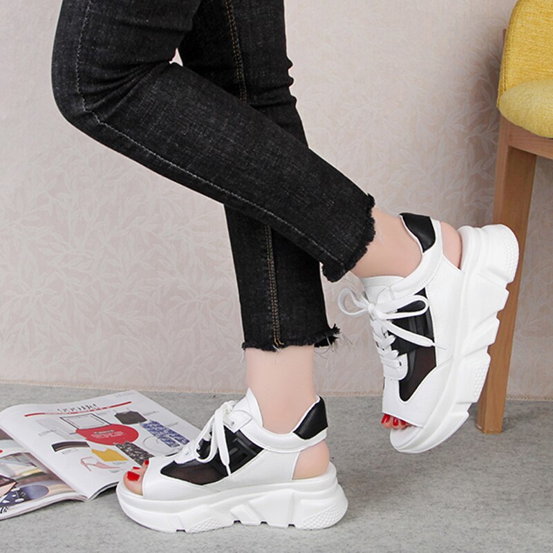 Dames sandalen plateau wedges damesschoenen dikke hak veter sandalen vismond sandalen zomer stijl slippers