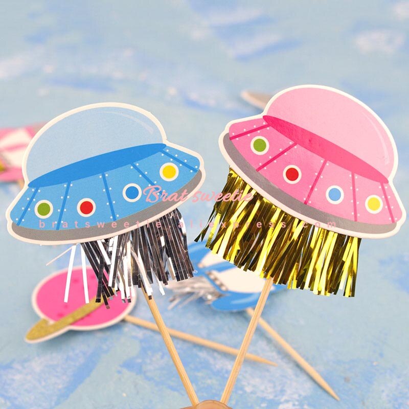 Outer Space Cupcake Toppers Rocket Spaceship Boy Theme Birthday Party Supplies Cake Decorative Outer Space Party Decorations